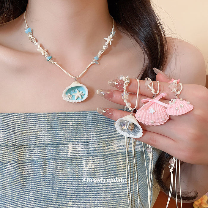 Coastal Beaded Pendant Necklaces in Four Pastel Shell and Ocean Styles