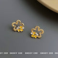 Gold Cloud Outline Stud Earrings Yellow Enamel Flowers CZ view 4