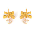 Gold Steel Textured Bow Square Zircon Drop Stud Earrings view 5