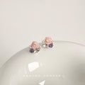Pink Rose Stud Earrings Purple Crystal Clear Leaf Pearls view 1