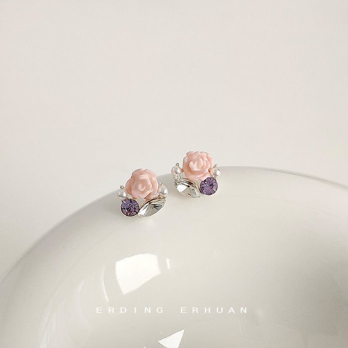 Pink Rose Stud Earrings Purple Crystal Clear Leaf Pearls