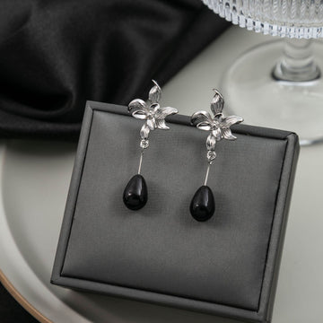 Silver Sculptural Flower Black Teardrop Dangle Earrings