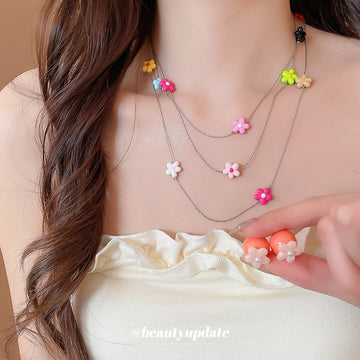 Silver Multilayer Colorful Flower Necklace Orange Ball Studs