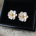 Champagne Cream Camellia Flower Gold Center Stud Earrings view 6