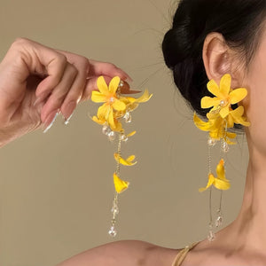 Yellow Fabric Flower Fringe Hook Earrings with Decorative Details