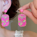 Rectangular Enamel Floral Statement Drop Earrings Two Colors view 3