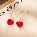 Red Fuzzy Heart Gold Tone Extra Long Chain Earrings view 6
