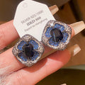Blue Square Halo Crystal Statement Stud Earrings Statement Jewelry Pair view 4