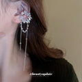 Silver Tone Crystal Crescent Pearl Chain Tassel Clip Earrings view 3