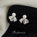 Silver Lace Bow Pearl Micro-Set Zircon Stud Earrings view 1