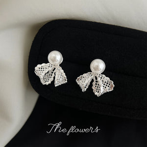 Silver Lace Bow Pearl Micro-Set Zircon Stud Earrings