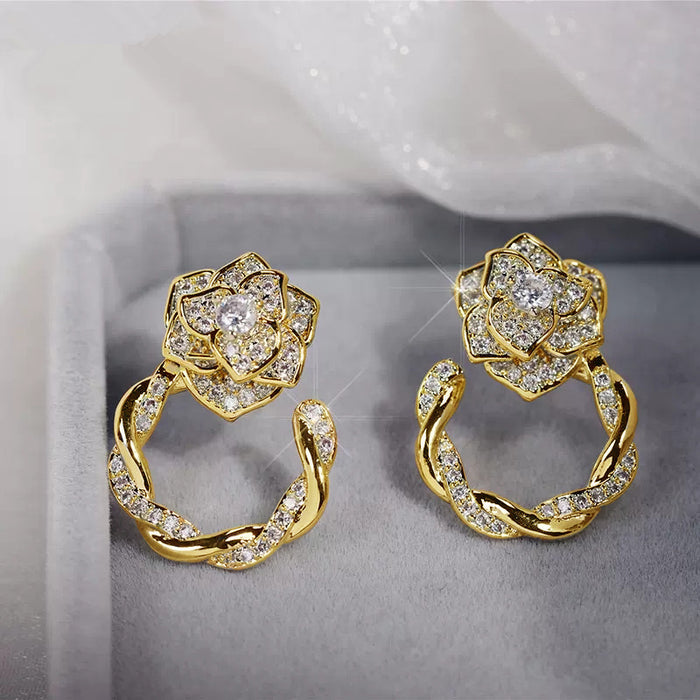 Gold Tone Rose Crystal Twisted Hoop Earrings