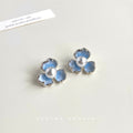 Silver Tone Pale Blue Gradient Three Petal Pearl Center Stud Earrings view 3
