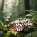 Red February 14 Heart Border Round Message Keychain view 4