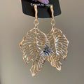 Gold Tone Openwork Leaf Butterfly Drop Stud Earrings view 6
