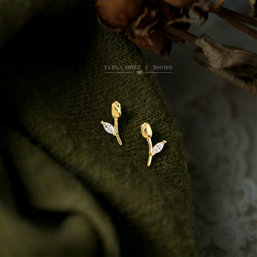 Gold Tone Sculpted Flower Bud Branch Mini Stud Earrings For Women