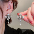 Antique Silver Cross Flower Pearl Drop Stud Earrings Alloy view 1