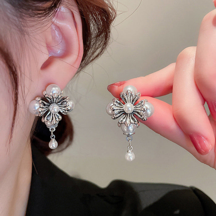 Antique Silver Cross Flower Pearl Drop Stud Earrings Alloy