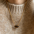Gold Tone Fine Chain Necklace With Brown Teardrop Pendant view 3