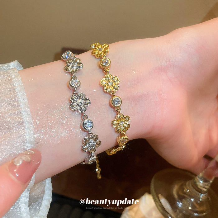 Flower Crystal Link Chain Bracelets Gold Silver Two Tones