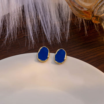 Gold Irregular Deep Blue Enamel Stud Earrings Organic Shape