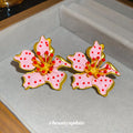 Pink Enamel Lily Flower Stud Earrings With Gold Trim view 4