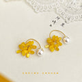 Yellow Flower Cluster Pearl Like Front Back Stud Earrings view 3