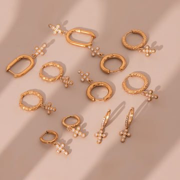 Crystal Cross Drop Hoop Earrings in Fifteen Gold Tone Styles