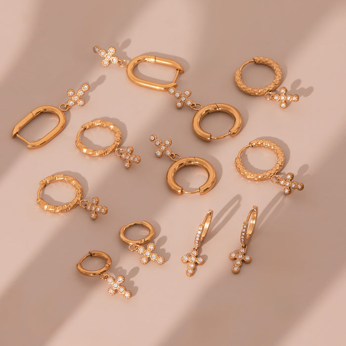 Crystal Cross Drop Hoop Earrings in Fifteen Gold Tone Styles
