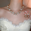Gold Pearl Cross Link Necklace Matching Drop Earrings view 2
