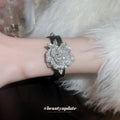 Black Belt Bracelet With Large Silver Tone Crystal Rose Center view 3