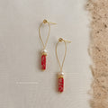 Gold Teardrop Wire Pearl Red Howlite Cylinder Drop Earrings view 3