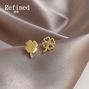 Gold Four Leaf Clover Stud Earrings Solid Open Pair