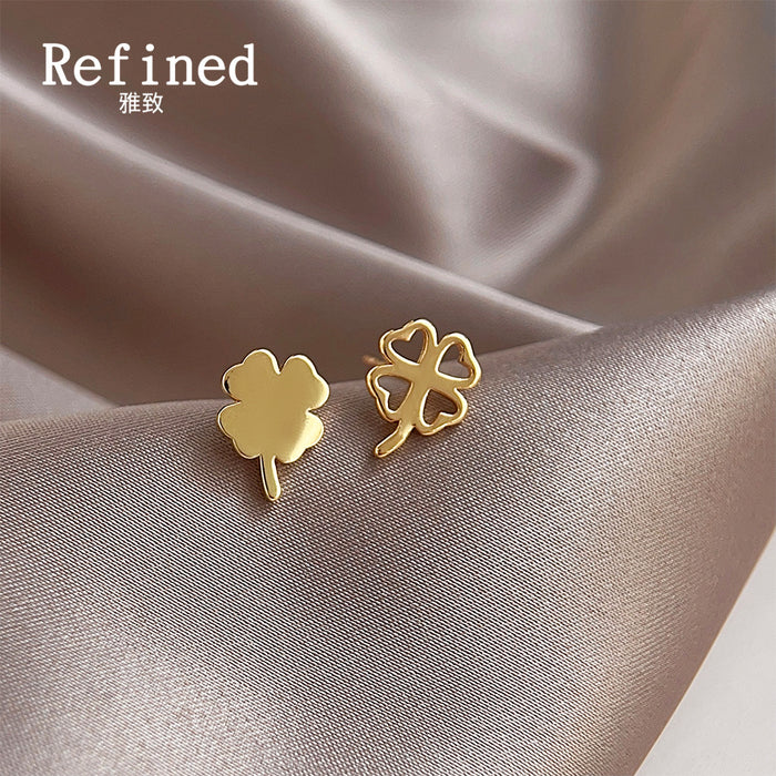 Gold Four Leaf Clover Stud Earrings Solid Open Pair