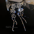 Silver Floral Double Ring Crystal Tassel Statement Earrings view 4