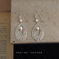 Silver Tone Openwork Teardrop Flower And White Pearl Hook Earrings view 4