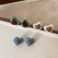 Fabric Heart Stud Earrings with Brown Bear or Heart Centers view 4