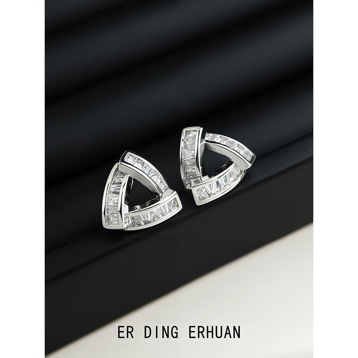 Silver-Tone Open Triangle Baguette CZ Stud Earrings