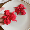 Layered Fabric Flower Statement Earrings in Red and White view 6
