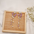 Purple Grape Bead Pearl Flower Tassel Dangle Earrings view 2