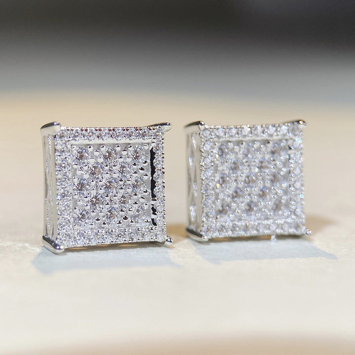 Square Clear CZ Micro Pave Stud Earrings Two Metal Tones