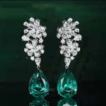 Green Teardrop Crystal Floral Cluster Drop Earrings