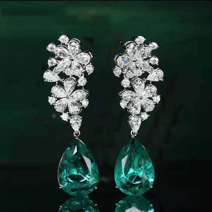 Green Teardrop Crystal Floral Cluster Drop Earrings