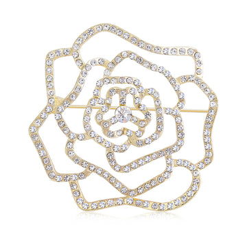 Openwork Camellia Flower Brooch Clear Rhinestones Gold Silver