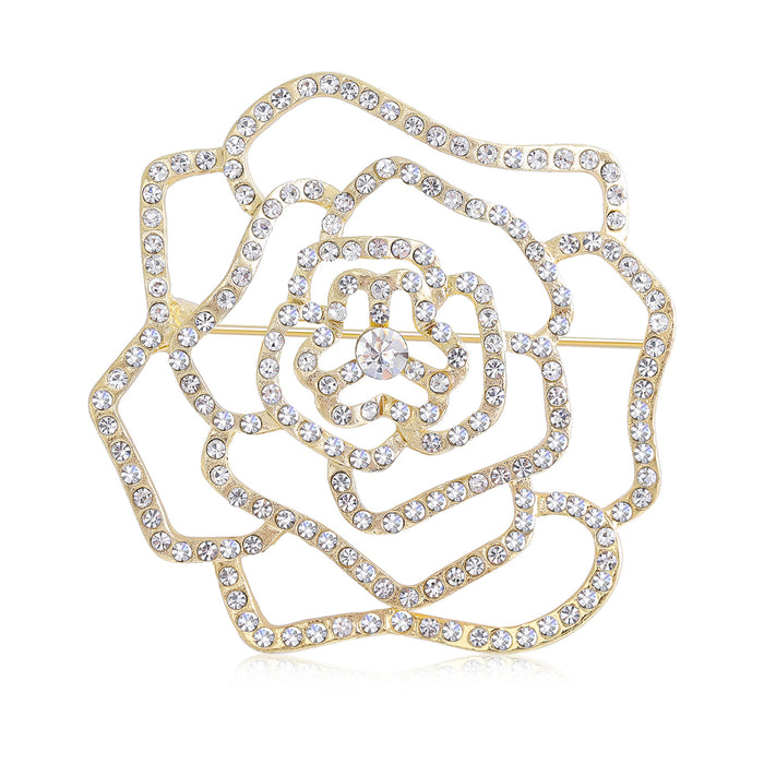 Openwork Camellia Flower Brooch Clear Rhinestones Gold Silver
