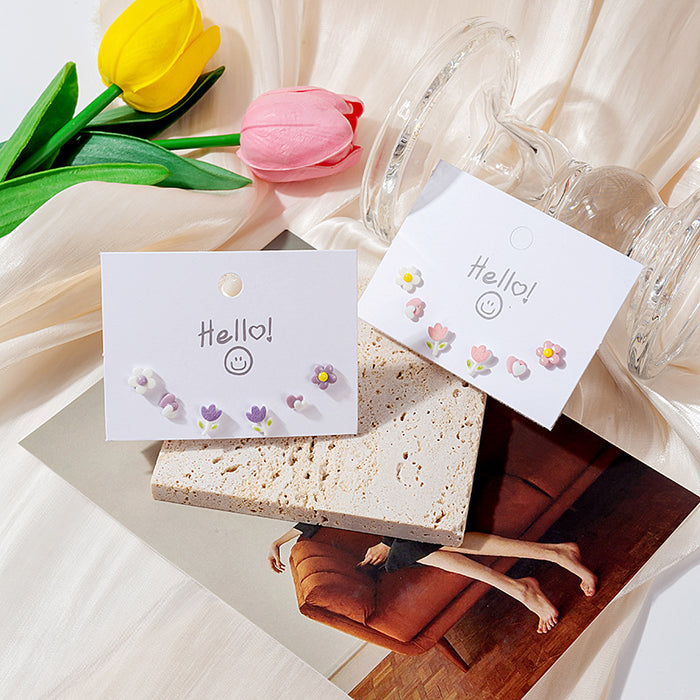 Mini Flower Tulip Heart Stud Earring Set Six Pieces