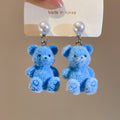 Blue Flocked Teddy Bear Pearl Stud Earrings Decorative Jewelry Design view 6