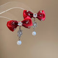 Red Fabric Bow Pearl Choker And Snowflake Drop Earrings view 7