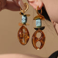 Amber Resin Figure-Eight Dangle Earrings Gold Hoops Stone Beads view 3