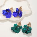 Green Fabric Flower Extra Long Dangle Stud Earrings view 2